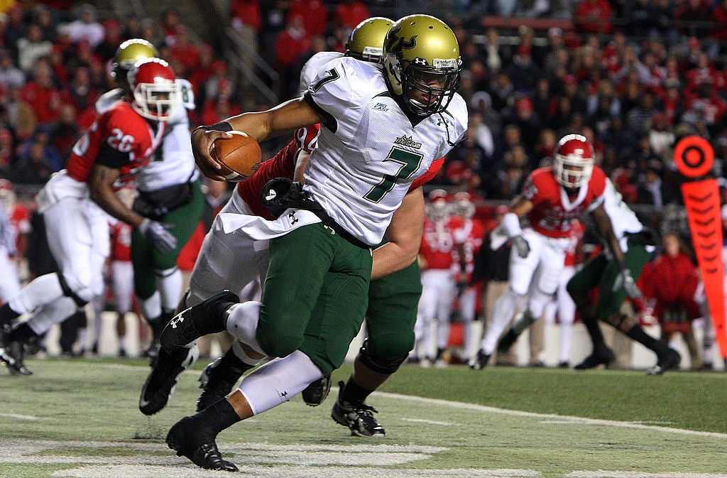 B.J. Daniels #7 of the South Florida Bulls runs the ball during a game against the Rutgers Scarlet Knights.