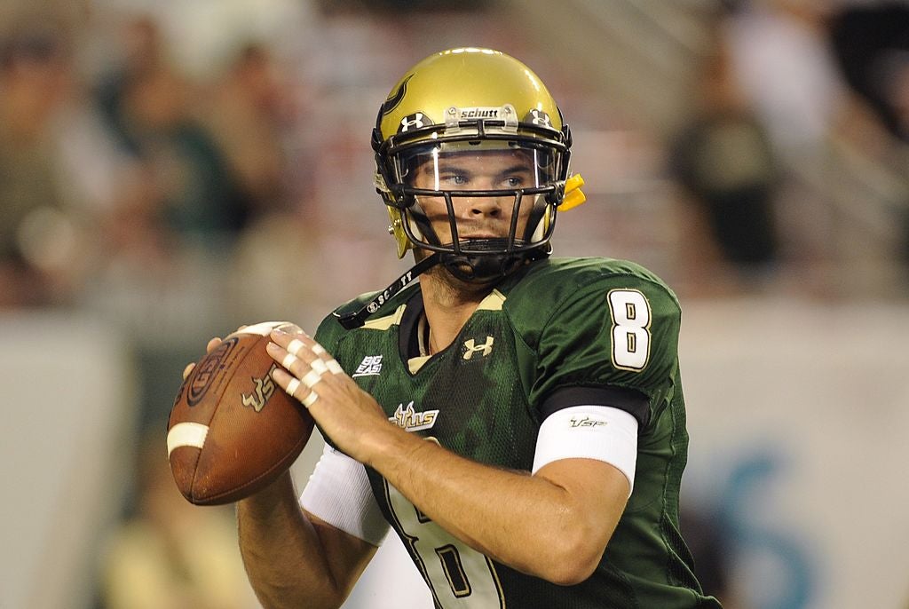 Quarterback Matt Grothe #8 of the University of South Florida Bulls warms up prior to a game.